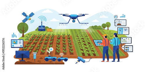 Smart Agriculture Technology Concept with Drone Monitoring Crops, Farmers Using Digital Tablets, Satellite Data, IoT Sensors, and Automated Farming System in Modern Field