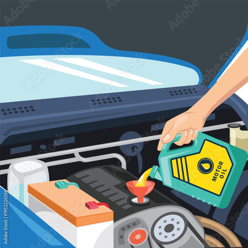 vector illustration cartoon element of a hand filling engine oil in a car