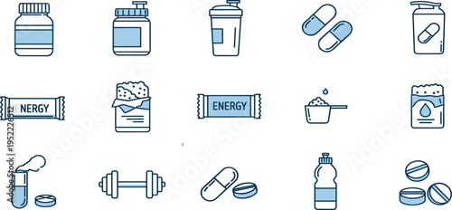 Sports Nutrition and Supplements Line Icon Set with Protein Powder, Energy Bar, Pills, Shaker Bottle, Dumbbell, and Fitness Nutrition Products Collection