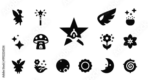 Fairy tale and magic forest icons with mystical creatures and nature