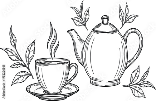 Tea Cup and Teapot with Herbal Leaves Hand Drawn Line Art Illustration for Tea Time, Beverage Design, and Botanical Drink Concept