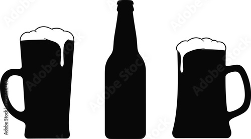 Black beer bottle silhouette and two overflowing mug glasses with foam bubbles on white background isolated vector illustration set for pub and bar menu design