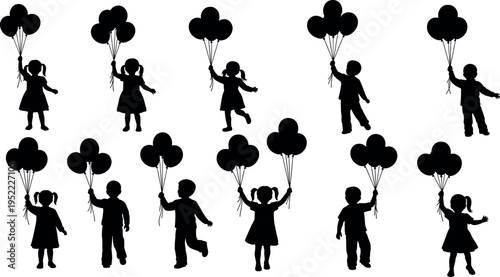 Children with balloons silhouettes set showing happy kids holding flying party balloons playful childhood celebration vector illustration collection isolated on white background
