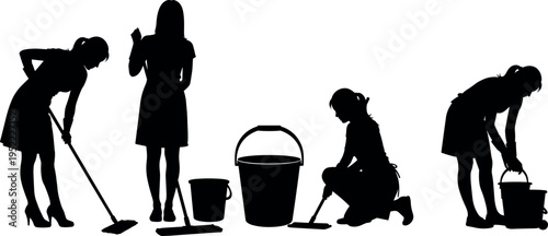 Cleaning woman silhouette set showing housework activities mopping floor carrying bucket washing surface domestic service hygiene routine vector illustration isolated on white background