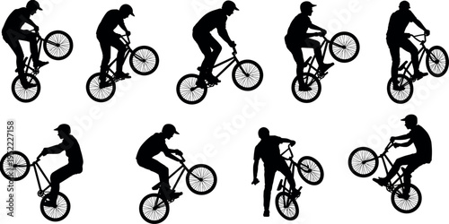 Collection of BMX cyclist silhouettes performing wheelie tricks, freestyle stunts and dynamic riding poses isolated on light background, extreme sport black vector illustration set