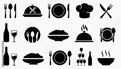 set of kitchen utensils Food Icons Set with Plate Fork Knife Spoon Cutlery Tableware Restaurant Catering Menu Symbols Vector