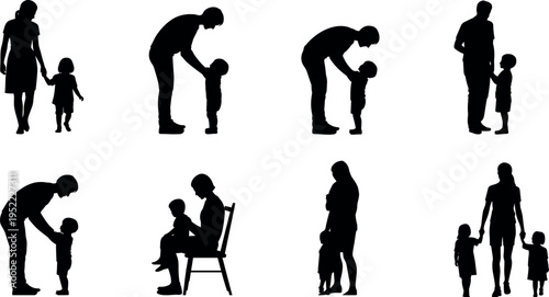Collection of parent and child silhouettes in caring interaction poses isolated on light background, family love, parenting and childhood relationship themed black vector illustration set