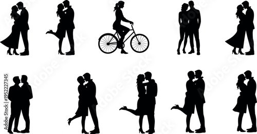 Collection of romantic couple silhouettes hugging, kissing and standing together with bicycle scene isolated on light background, love relationship themed black vector illustration set