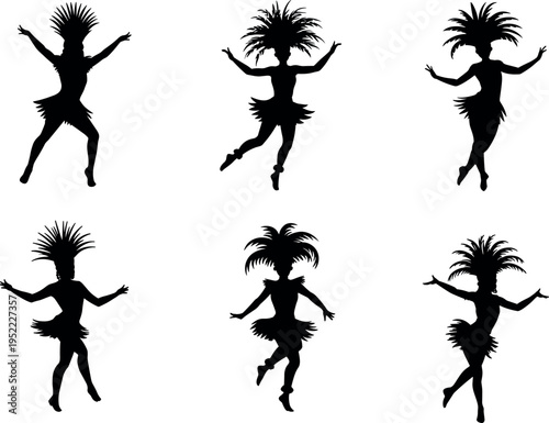 Collection of tribal dancer silhouettes in dynamic poses wearing feather costumes and headdresses isolated on light background, cultural performance themed black vector illustration set