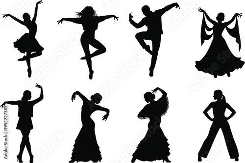 Elegant dancers performing diverse dance poses in detailed silhouette style, expressive movement illustration set for artistic design, cad drawing flat vector illustration