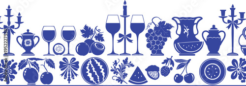 Wine glasses, grapes, fruits, candlesticks, vintage pitcher, decorative tableware, classic banquet, retro dinnerware, elegant dining, cad drawing flat vector illustration