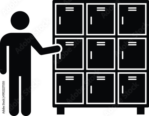 Black stick figure icon standing next to a nine compartment metal locker storage unit for school gym office or changing room organization and security.
