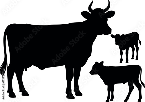 Cow and calf silhouettes representing farm livestock animals in rural agriculture and dairy farming concept, domestic cattle breeding illustration isolated on white background