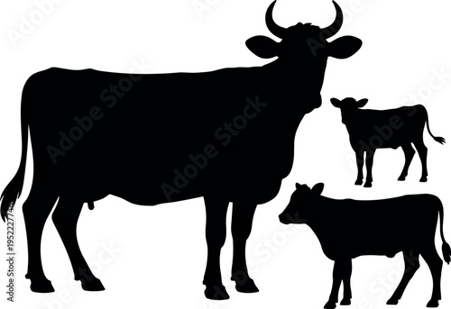 Cow and calves silhouette illustration showing farm livestock animals in rural agriculture concept, dairy cattle breeding and domestic animal husbandry isolated on white background