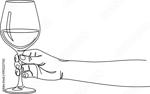 Continuous one line drawing of a hand holding a wine glass with liquid, minimalist vector illustration for luxury restaurant menu, bar lounge branding, and celebration.