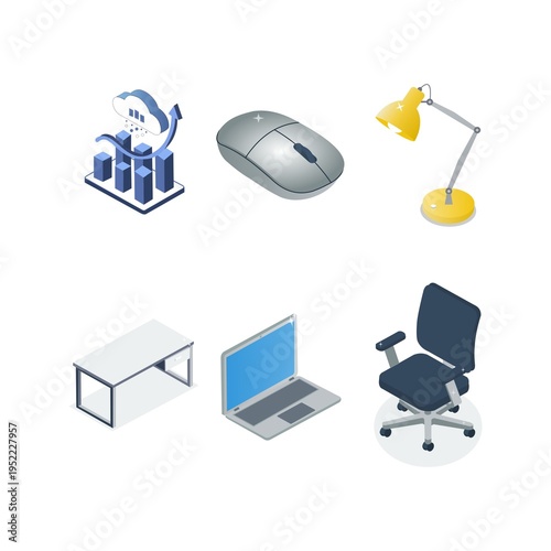 Complete Isometric Office Workspace Equipment and Furniture Set