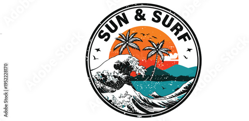 Vintage Coastal Travel Emblem with Tropical Sunset and Ocean Waves Illustration
