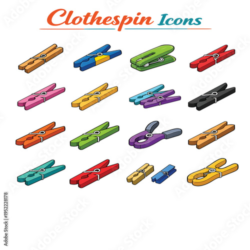 Clothespin Icons Set, Laundry Peg Vector Collection, Washing and Drying Symbols