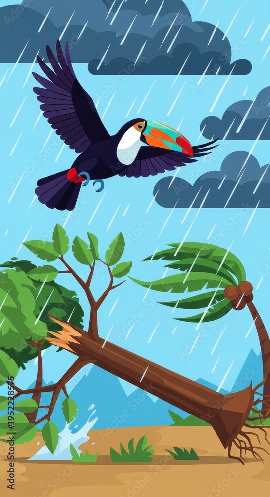 Fototapeta premium Tropical bird flies through powerful storm causing destruction to vegetation below