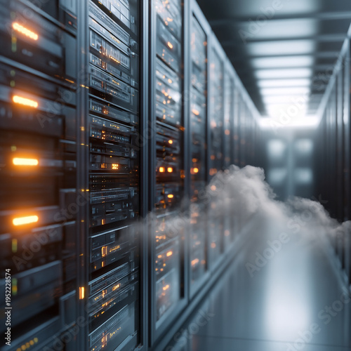 A modern data center with rows of server racks emitting orange lights and smoke