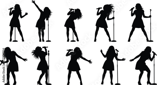 Female singer silhouettes performing with microphone stage performance music concert poses isolated on white background vector illustration set