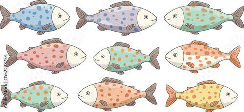 Colorful cartoon fish illustration, spotted aquatic animal design, tropical marine vector drawing, underwater sea life art, aquarium pattern, cad drawing flat vector illustration