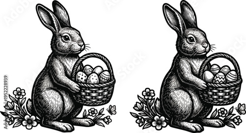  Vintage Woodcut Easter Bunny Holding Basket of Eggs Vector  Retro Engraving Style Silhouette SVG Clipart for Classic Spring 2026 Crafts, Cards, and Rustic Decor