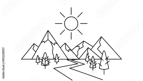 Sunny Mountain Landscape Line Art Nature Travel Tourism Promotion Concept for Outdoor Adventure Branding and Eco Business Design