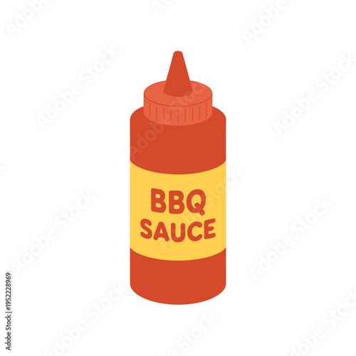 A colorful illustration of a bottle of bbq sauce with a yellow label