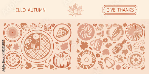 Autumn greeting card featuring seasonal food foliage and thankful messages