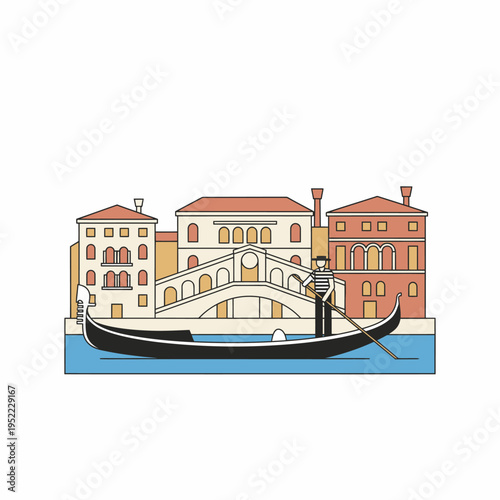 Gondola boat with gondolier on water canal.