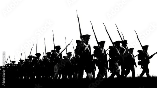 Silhouette of colonial soldiers marching in formation against a bright white sky
