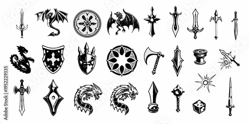 Collection of fantasy weaponry and heraldic symbols in black and white