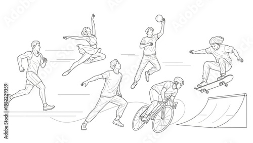 Sports Action Line Art Set – Running, Dancing, Basketball, Cycling and Skateboarding Athletes Outline Illustration