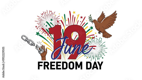 Artboard 1Juneteenth Freedom Day Celebration – June 19 Emancipation Holiday with Fireworks, Broken Chains and Peace Dove Illustration