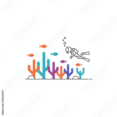 Scuba Diver Exploring Vibrant Coral Reef with Small Fish.