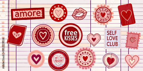 Collection of colorful hand drawn patches with romantic and loving themes