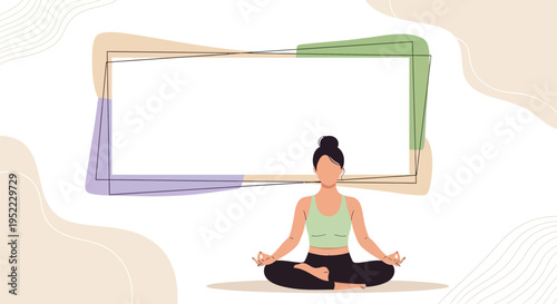 Woman practicing yoga meditation in front of a blank message board