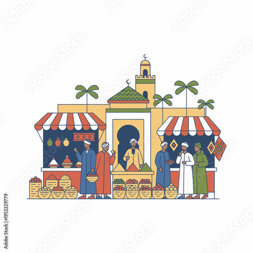 Traditional Middle Eastern Market Scene with People.