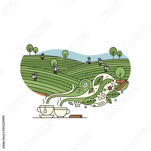 Two steaming cups of tea on a saucer with a tea plantation background.