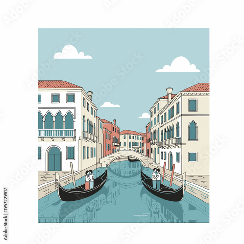 Two Gondolas Navigating a Venetian Canal.