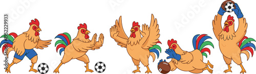 Cartoon Rooster Character Set Playing Soccer with Different Actions and Expressions, Funny Farm Chicken Sports Illustration Collection