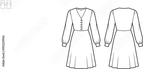 Elegant long-sleeve buttoned midi dress fashion flat sketch, feminine apparel design template with fitted waist and flared skirt illustration