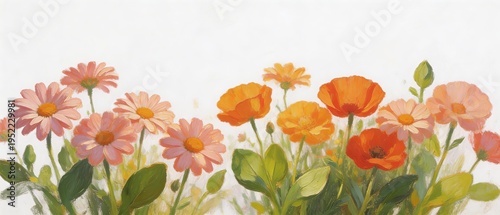 A vibrant floral illustration featuring pink daisies and orange poppies with green leaves on a white background, ideal for decorative or botanical themes.