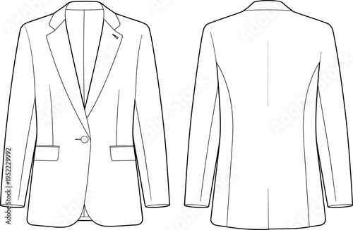 Blazer jacket flat sketch, fashion cad drawing, clothing template vector, technical garment outline, tailored coat design, cad drawing flat vector illustration
