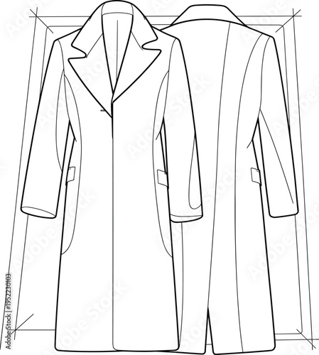 Long coat fashion flat sketch, apparel design template, technical clothing drawing, stylish overcoat vector, cad drawing flat vector illustration