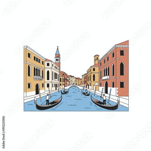 Venetian Canal with Gondolas and Historic Buildings.