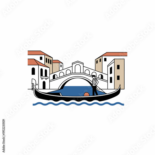 Venetian Gondola Navigating a Canal with Bridge.