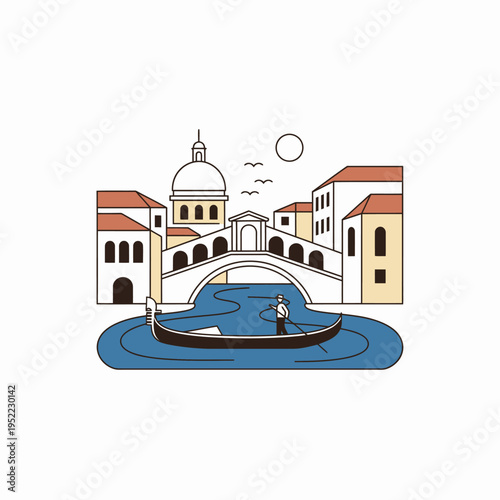 Venetian Gondola Navigating a Canal with Bridge.