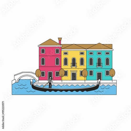 Venetian Gondola Navigating Canal Between Colorful Buildings.